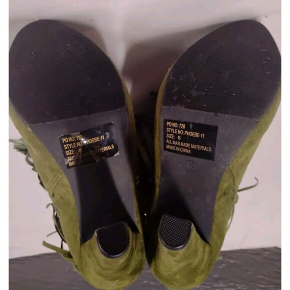 Green Suede Layerel Fringe Chunky Heels Boho Booties Shoes Boots Phoebe 11 Sz 6 - Picture 4 of 8